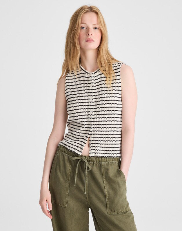 Textured-Knit  Button-Front Shell Top IVORY AND BLACK TUCK STITCH