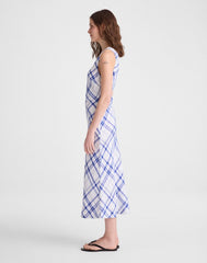 Ruched One-Shoulder Midi Dress OVERSIZED BLUE WHITE PLAID