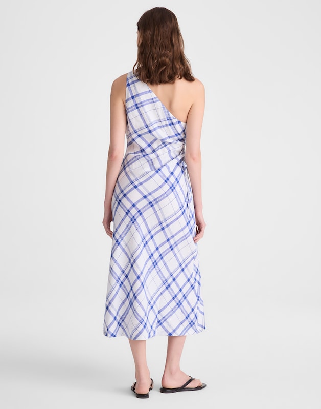 Ruched One-Shoulder Midi Dress OVERSIZED BLUE WHITE PLAID