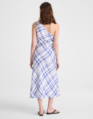 Ruched One-Shoulder Midi Dress OVERSIZED BLUE WHITE PLAID