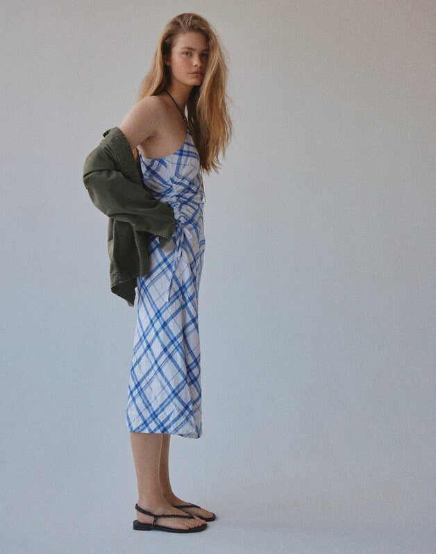 Ruched One-Shoulder Midi Dress OVERSIZED BLUE WHITE PLAID