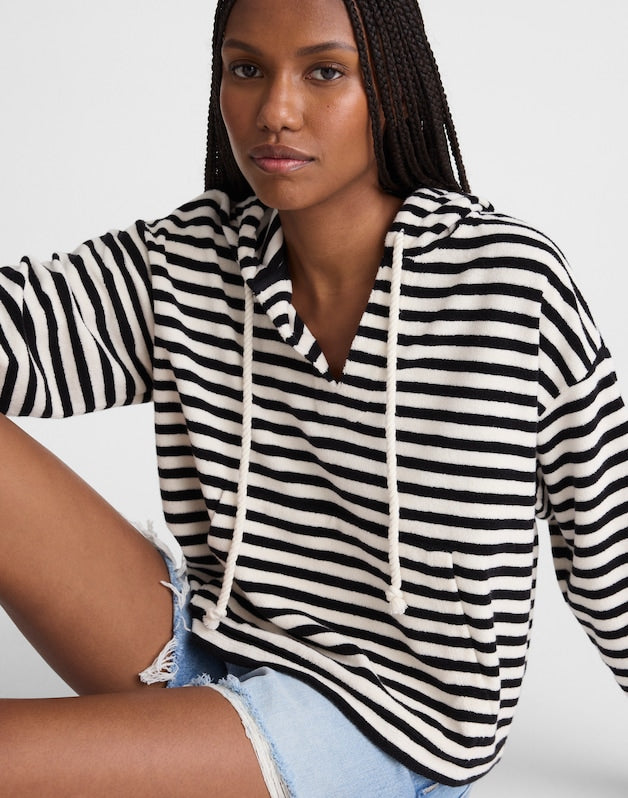 Drawstring Hoodie in Terry BLACK IVORY
