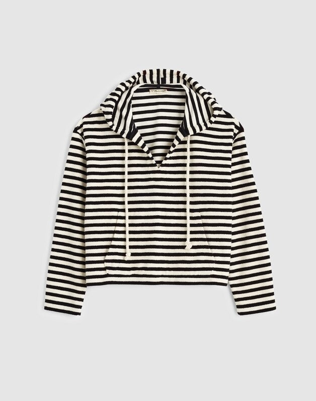 Drawstring Hoodie in Terry BLACK IVORY