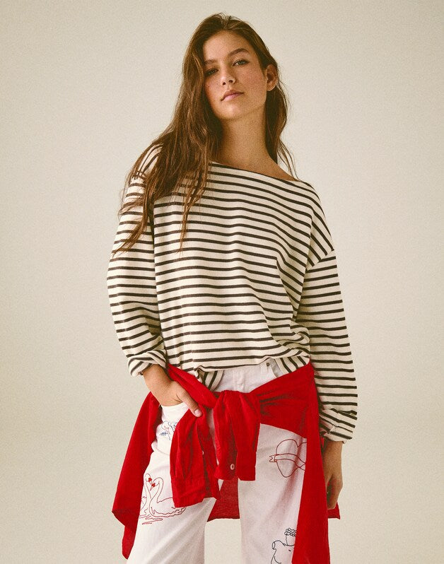 Striped Boatneck Long-Sleeve Tee CHOC PLUM