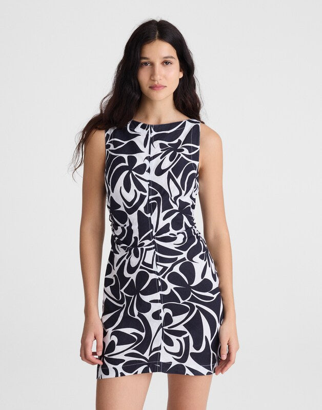 Shirred Boatneck Mini Dress in 100% Linen WHITE