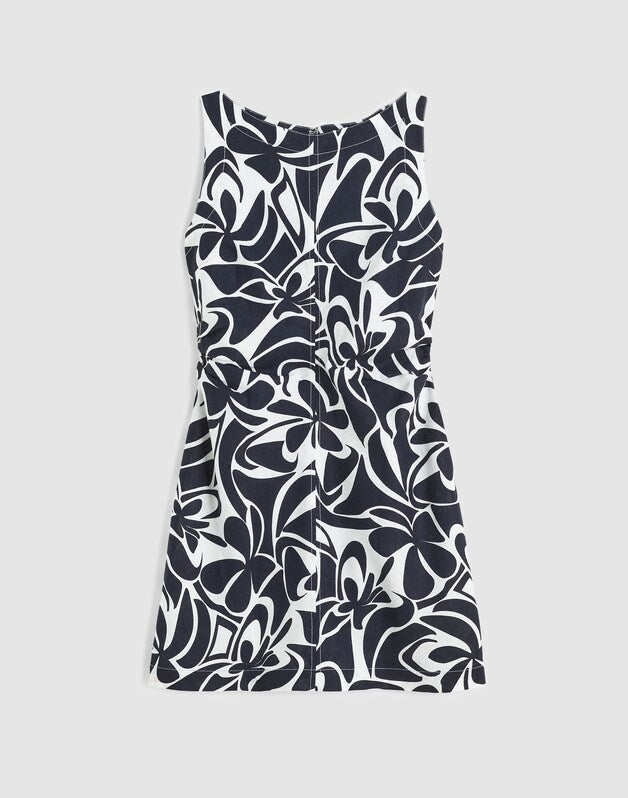Shirred Boatneck Mini Dress in 100% Linen WHITE