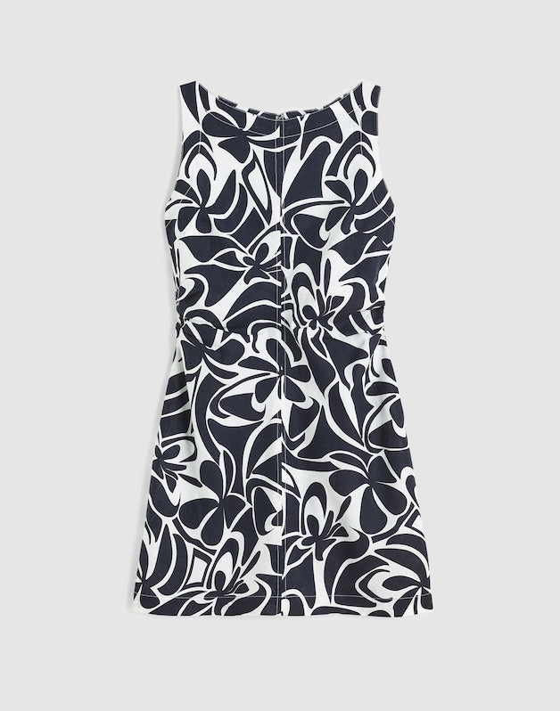 Shirred Boatneck Mini Dress in 100% Linen WHITE
