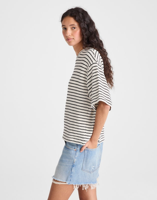 The Boxy Crop Tee in Textured Knit IVORY AND BLACK TUCK STITCH