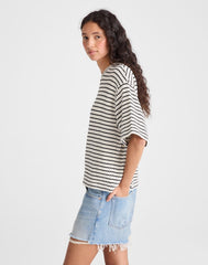 The Boxy Crop Tee in Textured Knit IVORY AND BLACK TUCK STITCH