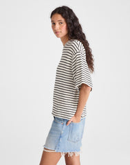 The Boxy Crop Tee in Textured Knit IVORY AND BLACK TUCK STITCH