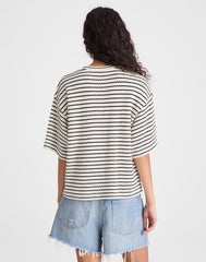 The Boxy Crop Tee in Textured Knit IVORY AND BLACK TUCK STITCH