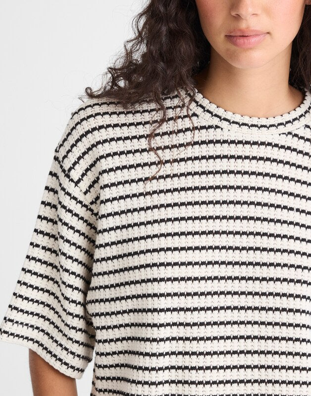 The Boxy Crop Tee in Textured Knit IVORY AND BLACK TUCK STITCH
