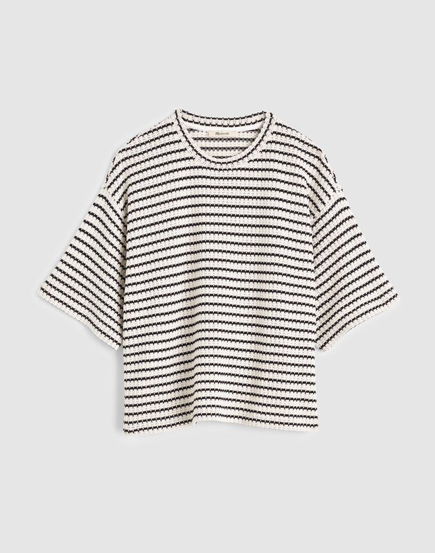 The Boxy Crop Tee in Textured Knit IVORY AND BLACK TUCK STITCH