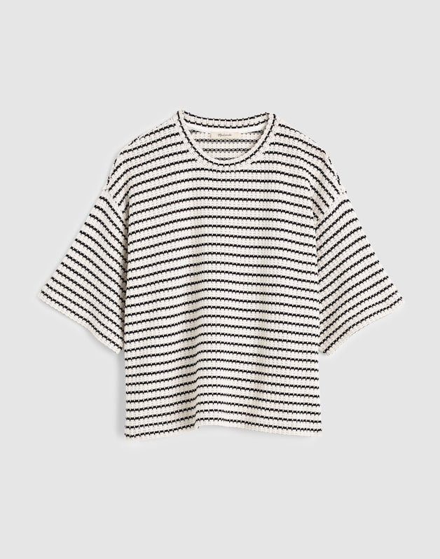 The Boxy Crop Tee in Textured Knit IVORY AND BLACK TUCK STITCH