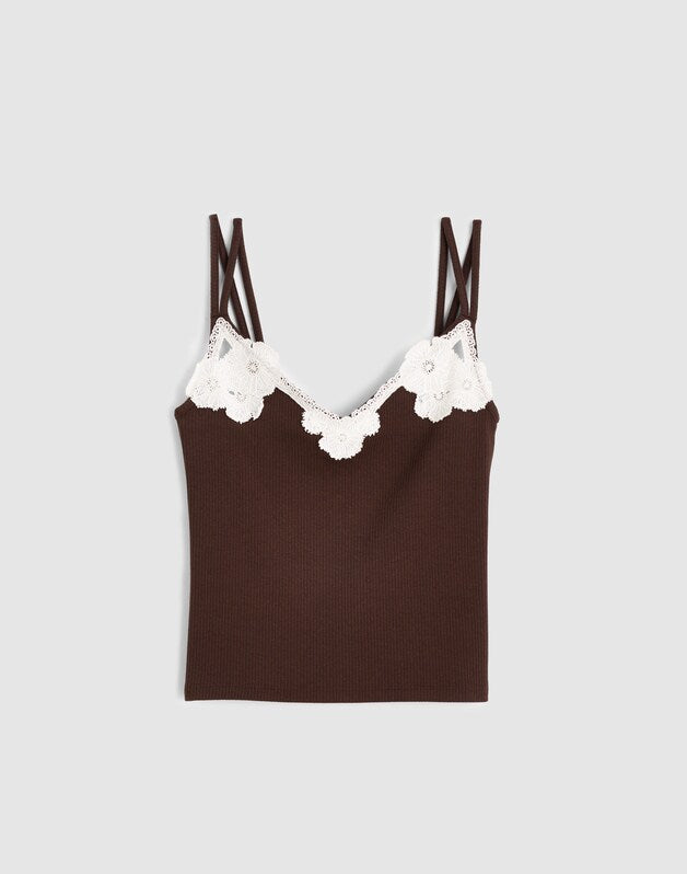 Floral-Lace V-Neck Tank DARK BROWN