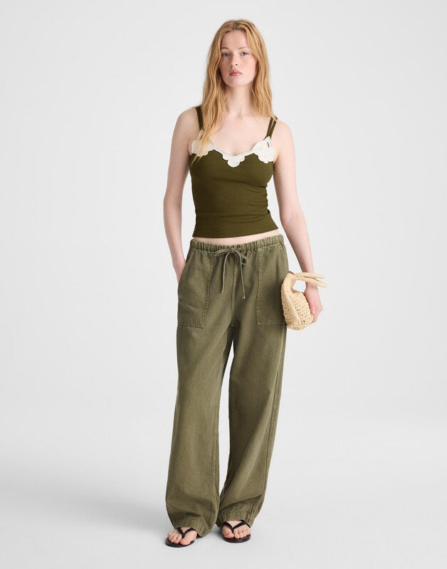 Floral-Lace V-Neck Tank CHATEAU OLIVE
