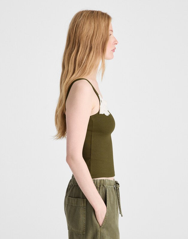 Floral-Lace V-Neck Tank CHATEAU OLIVE