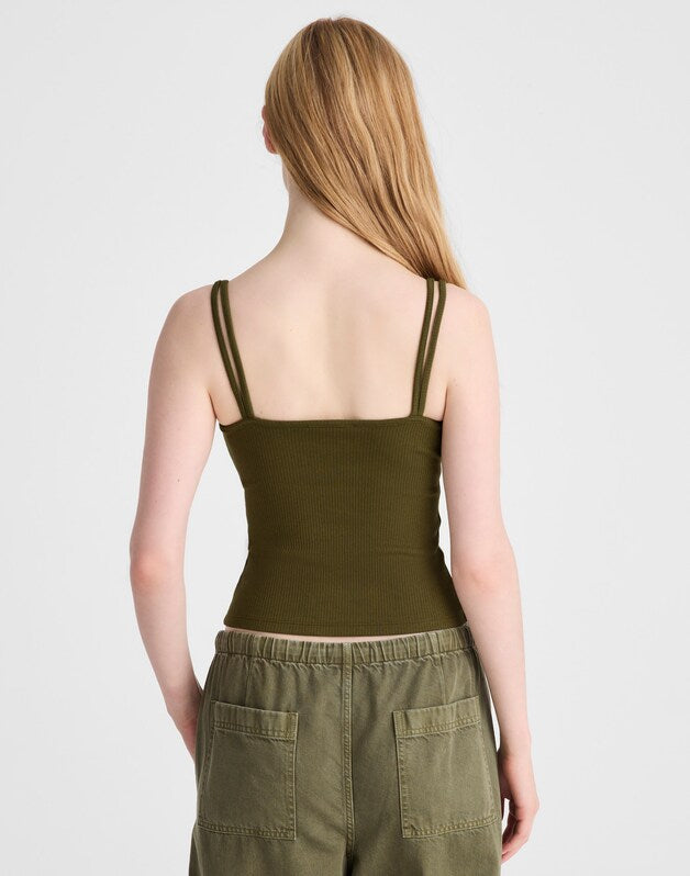 Floral-Lace V-Neck Tank CHATEAU OLIVE