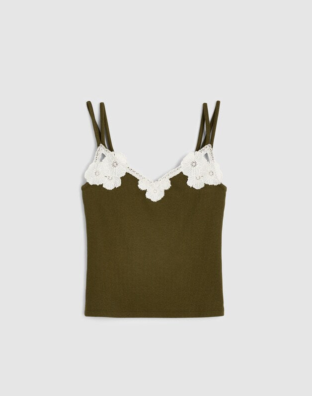 Floral-Lace V-Neck Tank CHATEAU OLIVE