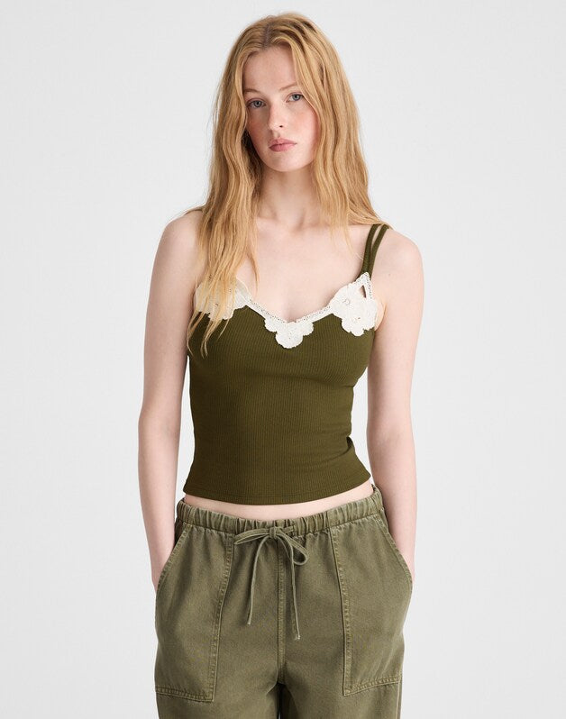 Floral-Lace V-Neck Tank CHATEAU OLIVE