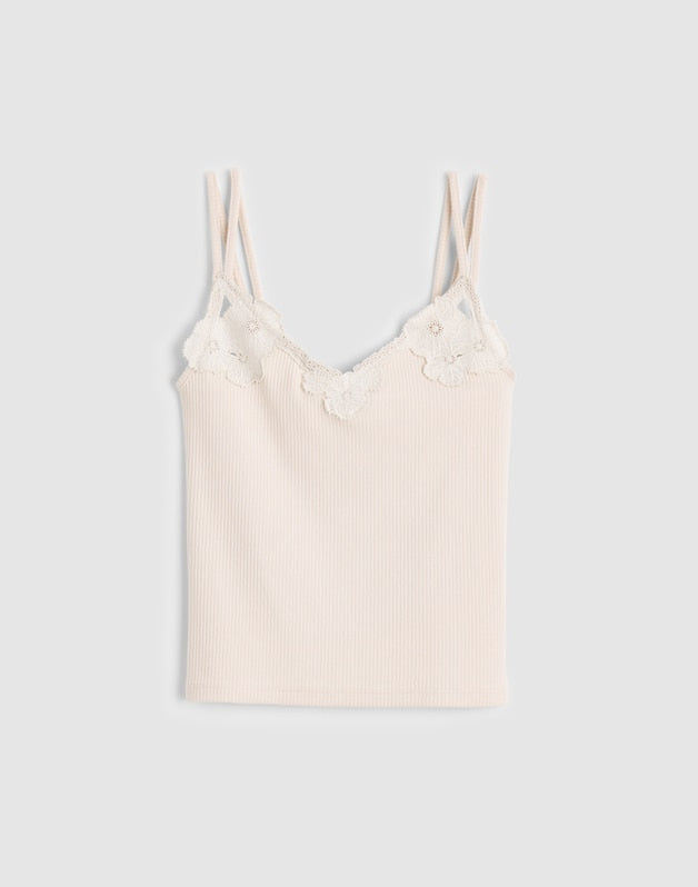 Floral-Lace V-Neck Tank VINTAGE IVORY