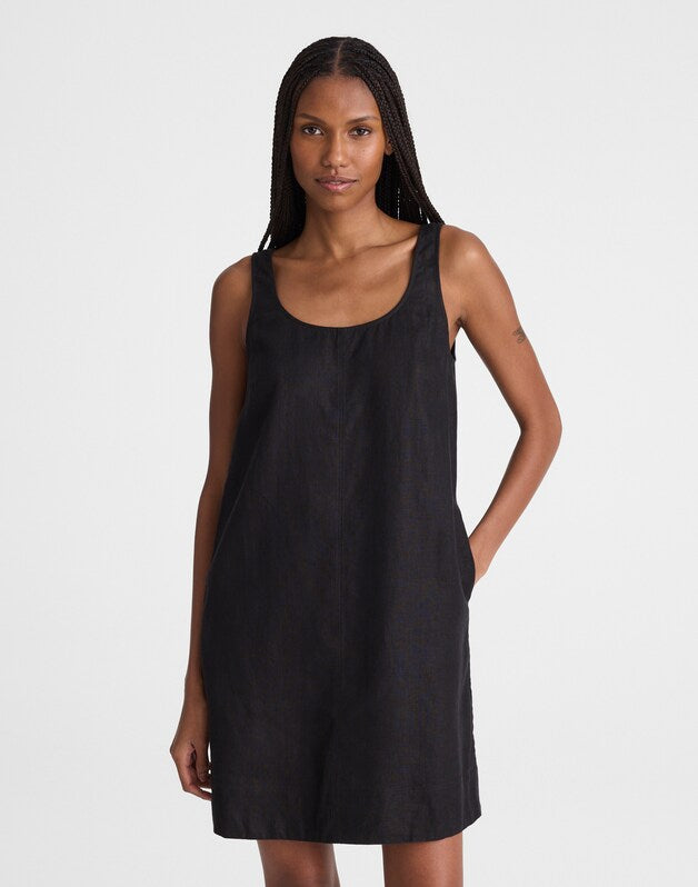 Scoopneck Mini Shift Dress in 100% Linen JET BLACK
