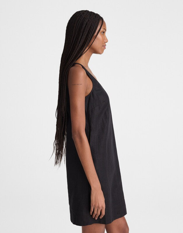 Scoopneck Mini Shift Dress in 100% Linen JET BLACK