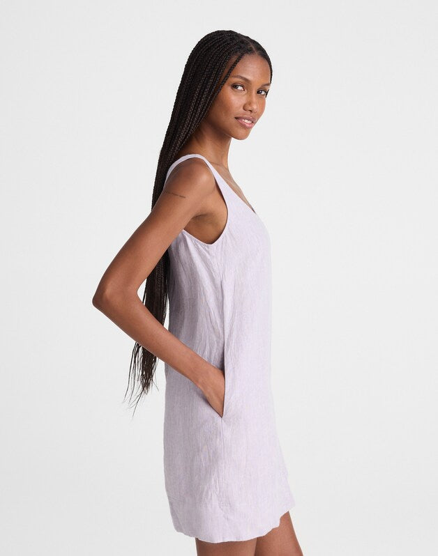 Scoopneck Mini Shift Dress in 100% Linen LILAC CHAMBRAY