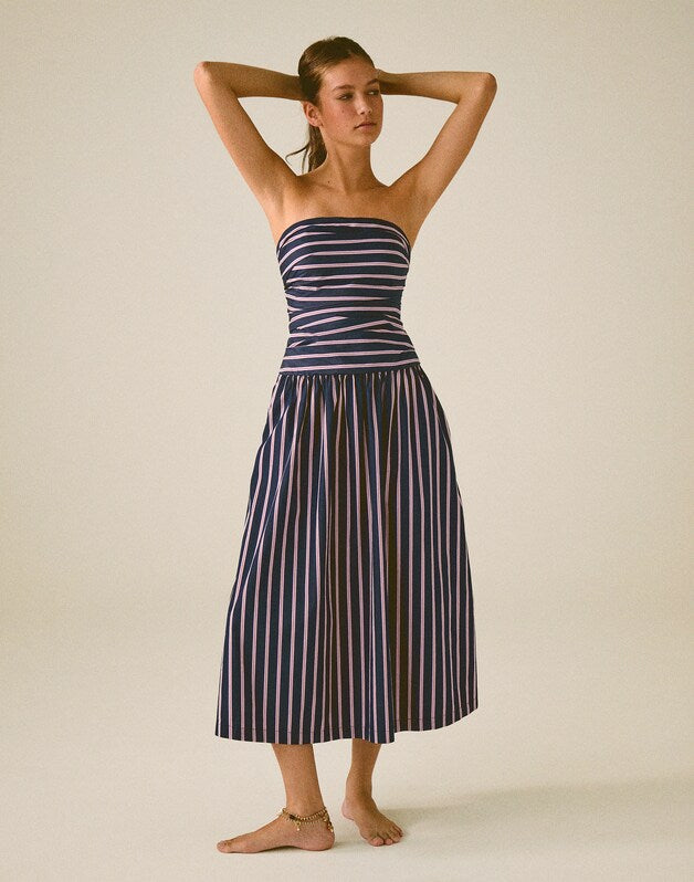 Strapless Ruched Midi Dress CLASSIC INDIGO