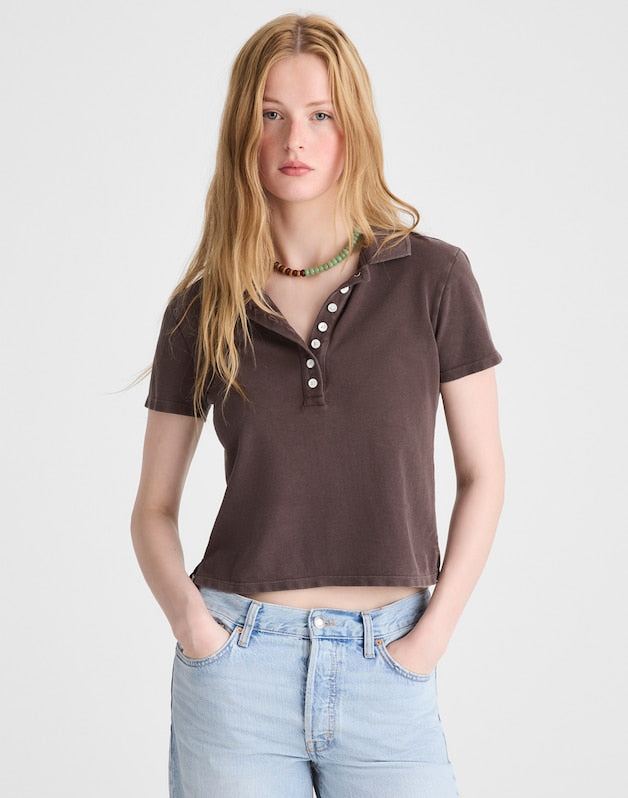 Shrunken Polo in Cotton Pique DARK BROWN