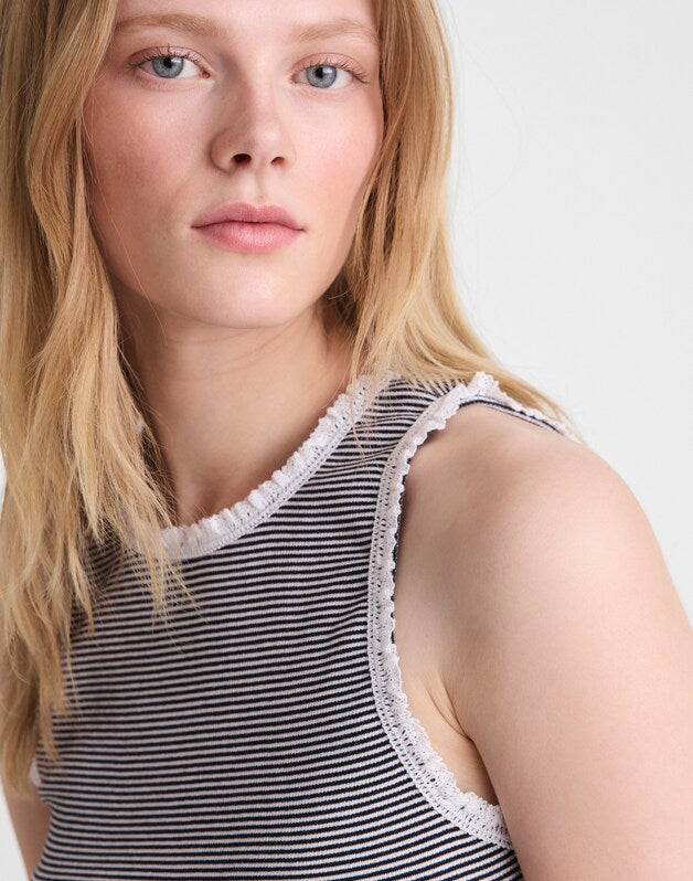 Lace-Trim Ribbed Tank JET BLACK