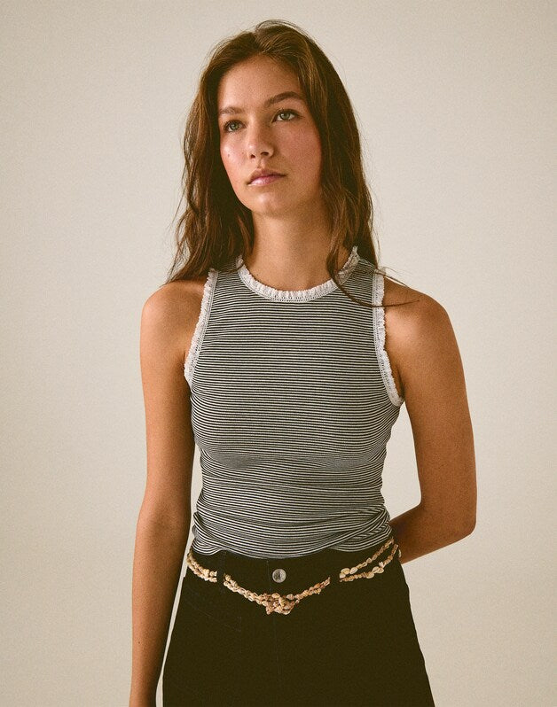 Lace-Trim Ribbed Tank JET BLACK