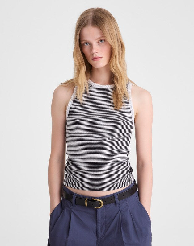 Lace-Trim Ribbed Tank JET BLACK