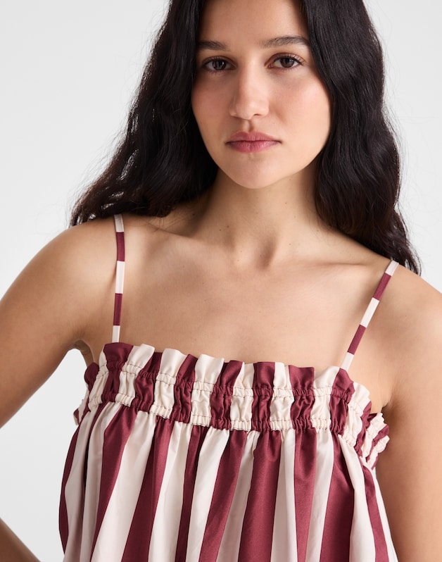Ruffle A-Line Midi Dress in Stripe DUSTY MERLOT