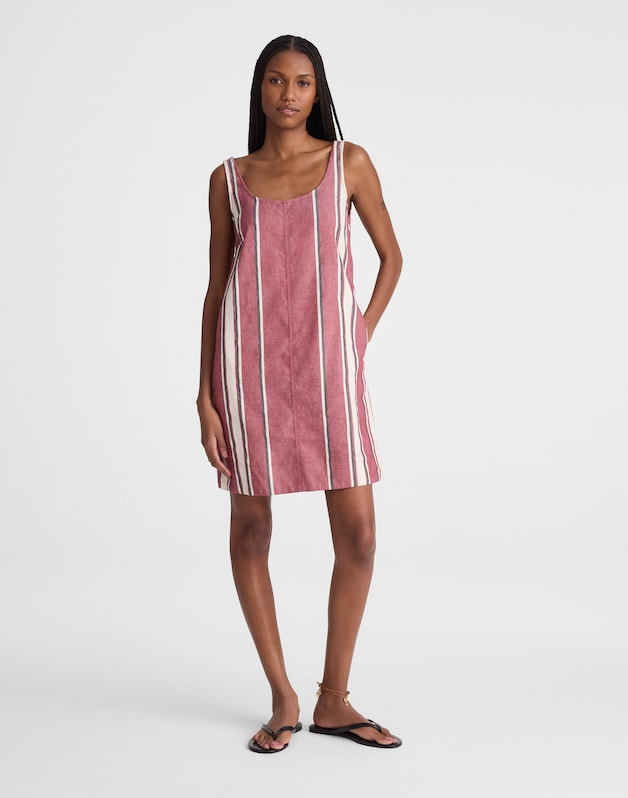 Scoopneck Mini Shift Dress in 100% Linen RED CURRANT