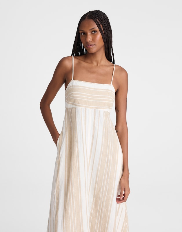 Empire-Waist Midi Dress in 100% Linen KHAKI WHITE STRIPE
