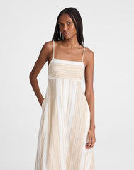 Empire-Waist Midi Dress in 100% Linen KHAKI WHITE STRIPE