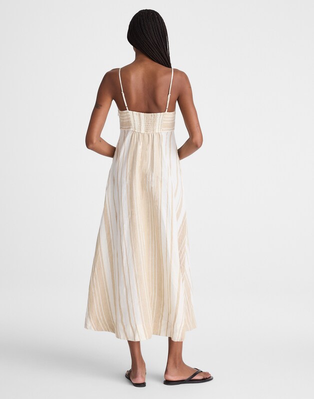 Empire-Waist Midi Dress in 100% Linen KHAKI WHITE STRIPE