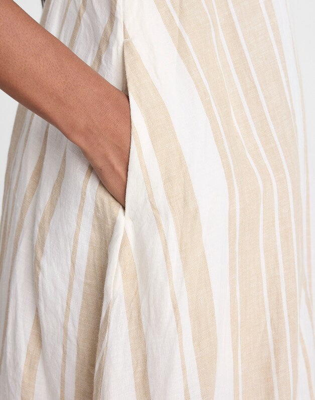 Empire-Waist Midi Dress in 100% Linen KHAKI WHITE STRIPE