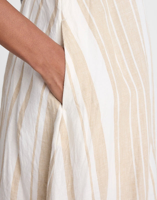 Empire-Waist Midi Dress in 100% Linen KHAKI WHITE STRIPE