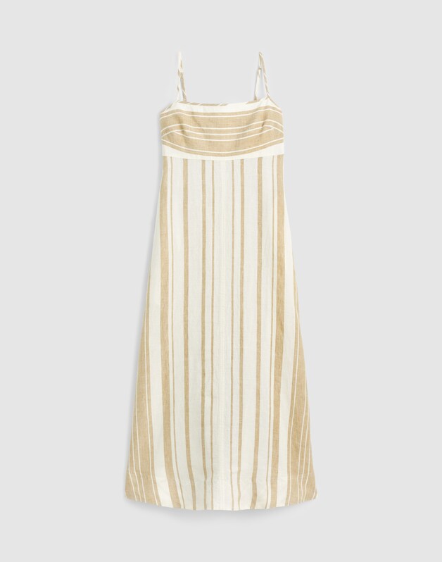 Empire-Waist Midi Dress in 100% Linen KHAKI WHITE STRIPE