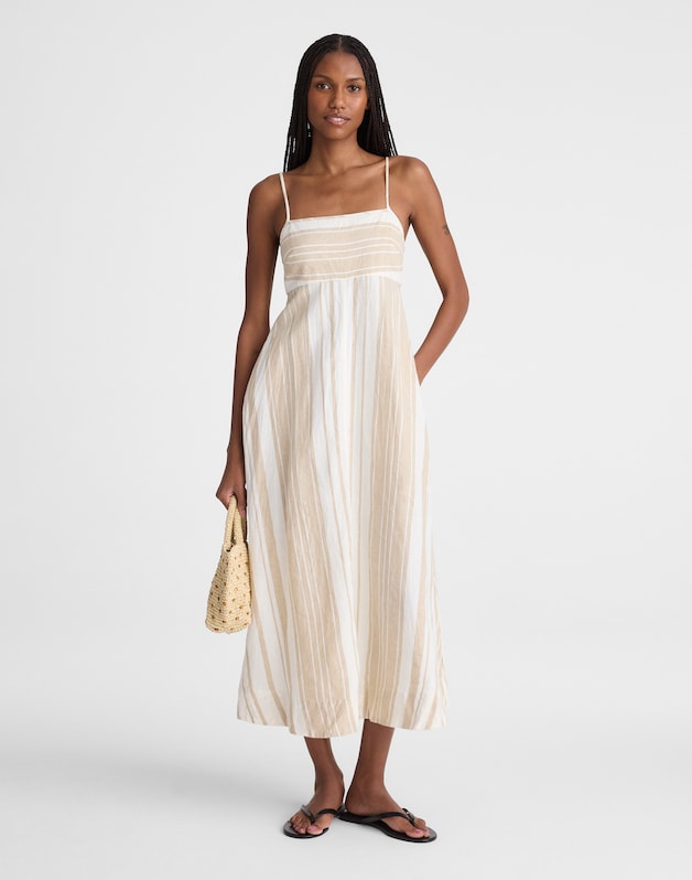 Empire-Waist Midi Dress in 100% Linen KHAKI WHITE STRIPE