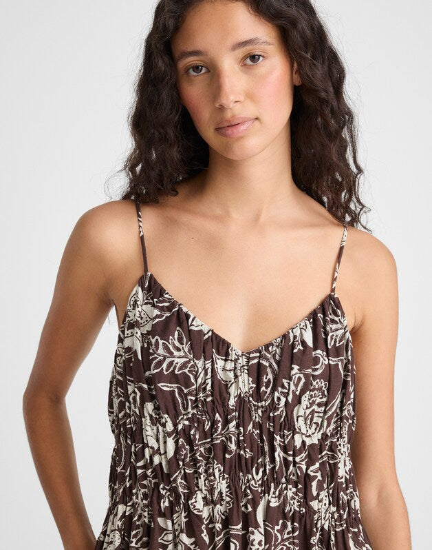 Ruched V-Neck Sleeveless Maxi Dress DARK BROWN