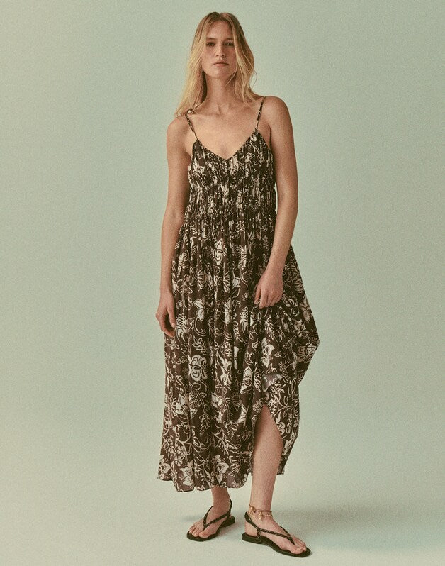 Ruched V-Neck Sleeveless Maxi Dress DARK BROWN