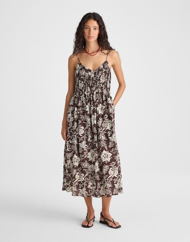 Ruched V-Neck Sleeveless Maxi Dress DARK BROWN
