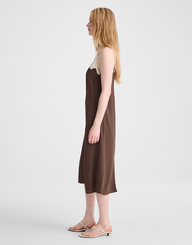 V-Neck Midi Slip Dress DARK BROWN