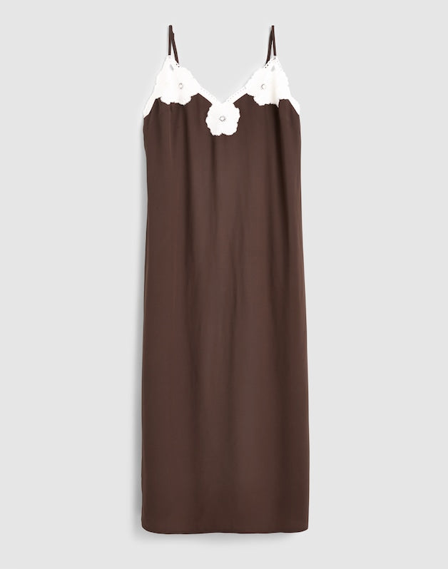 V-Neck Midi Slip Dress DARK BROWN