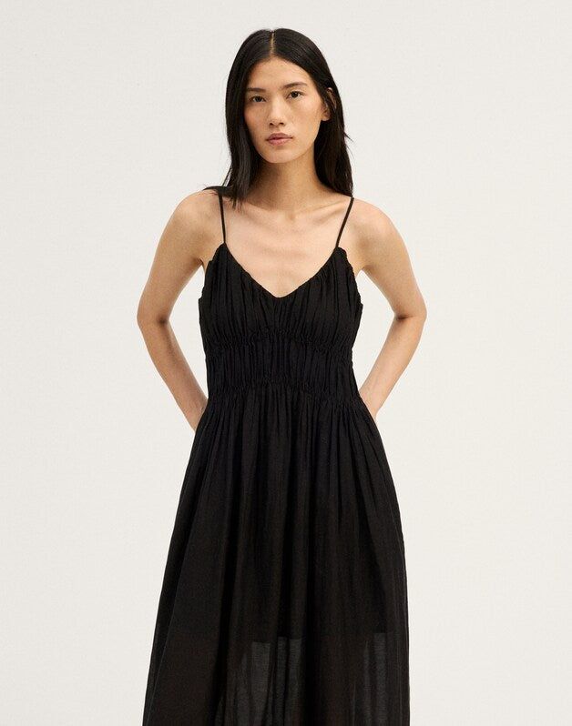 Ruched V-Neck Sleeveless Maxi Dress JET BLACK