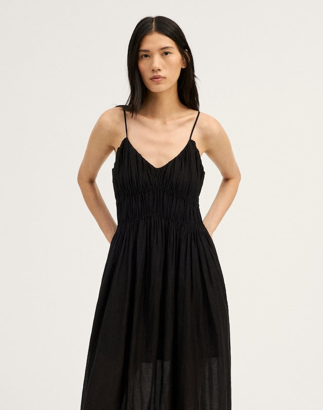 Ruched V-Neck Sleeveless Maxi Dress JET BLACK