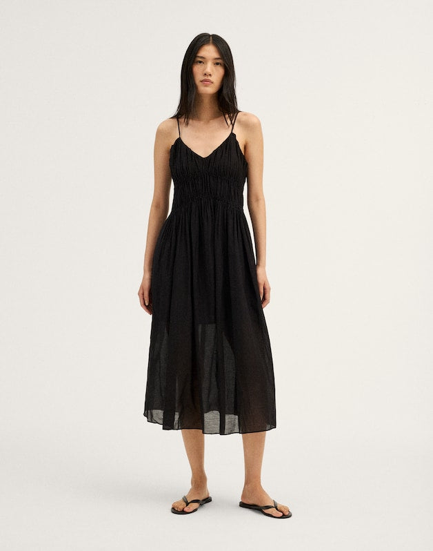Ruched V-Neck Sleeveless Maxi Dress JET BLACK
